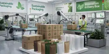 Futuristic sustainable packaging solutions in a modern US manufacturing plant