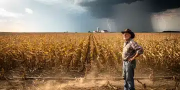 Farmer surveying drought-affected crops under a changing sky, symbolizing climate change impact on US agriculture.