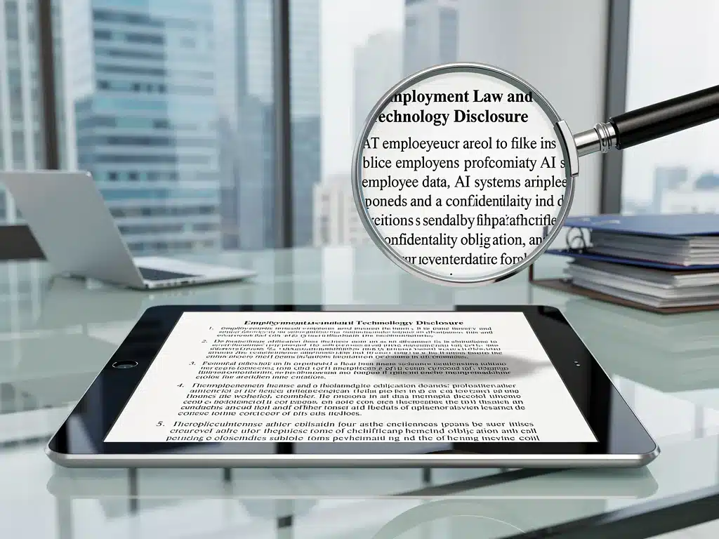 Legal document on tablet detailing employment law and technology disclosure requirements