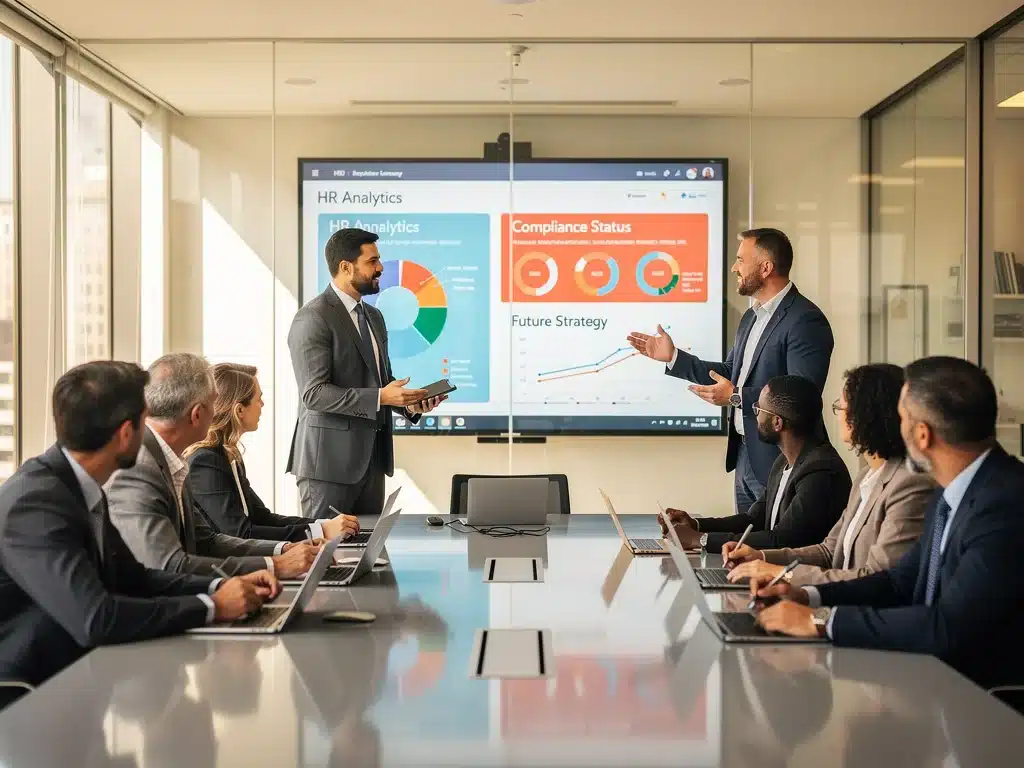 Diverse team discussing HR technology, data analysis, and compliance in a modern meeting room