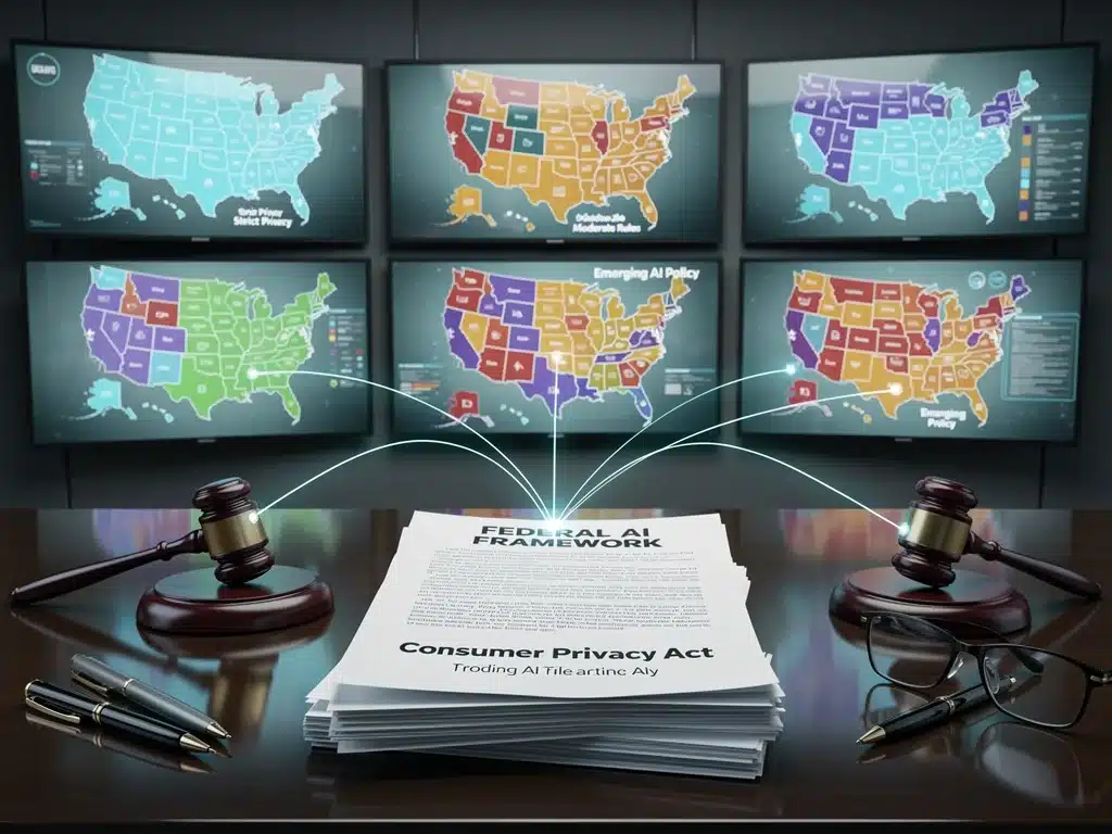 State-specific data privacy laws converging under a federal AI framework.
