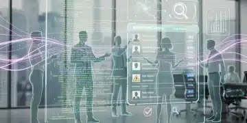 Digital interface showing code and human silhouettes, representing automated hiring tools and workplace algorithmic audits